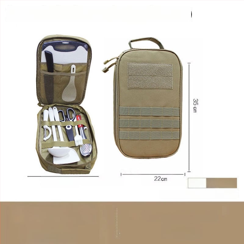 Преносим комплект за къмпинг кухненски прибори от неръждаема стомана – многофункционален комплект съдове с нож, вилица и лъжица и чанта за подправки