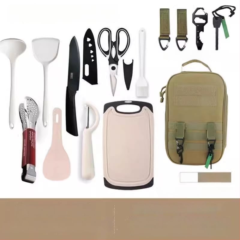 Преносим комплект за къмпинг кухненски прибори от неръждаема стомана – многофункционален комплект съдове с нож, вилица и лъжица и чанта за подправки