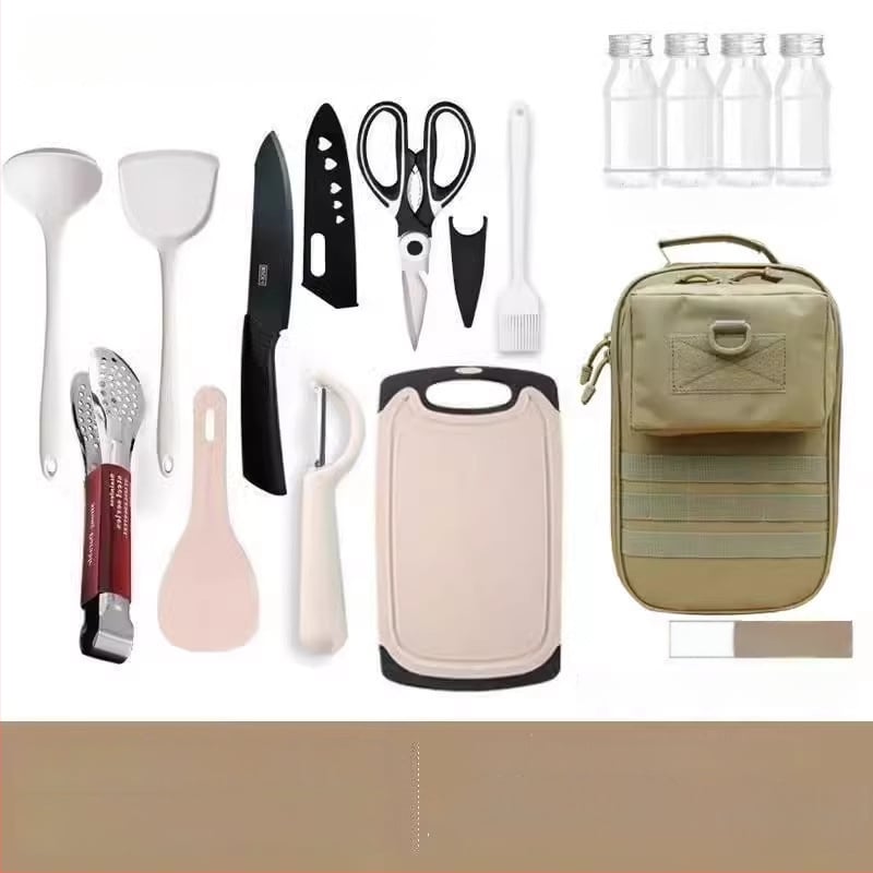 Преносим комплект за къмпинг кухненски прибори от неръждаема стомана – многофункционален комплект съдове с нож, вилица и лъжица и чанта за подправки