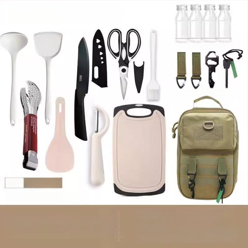 Преносим комплект за къмпинг кухненски прибори от неръждаема стомана – многофункционален комплект съдове с нож, вилица и лъжица и чанта за подправки