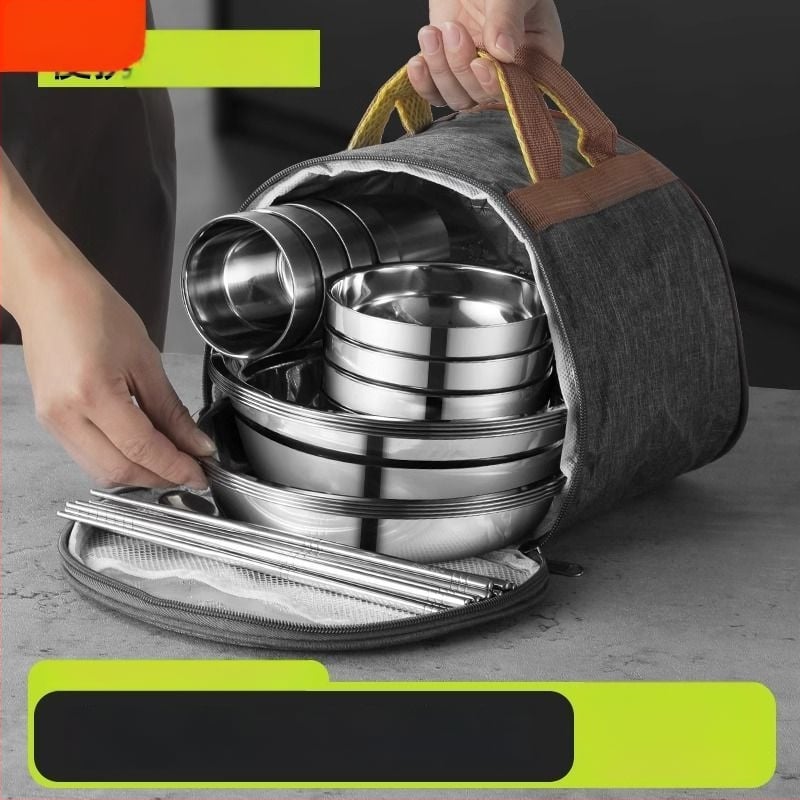 304 неръждаема стомана – комплект прибори за хранене със купи, чинии и клечки за хранене, преносим за къмпинг на открито