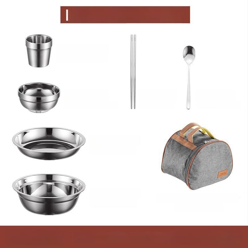 304 неръждаема стомана – комплект прибори за хранене със купи, чинии и клечки за хранене, преносим за къмпинг на открито