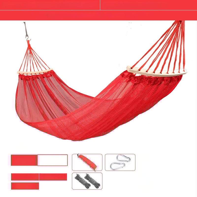 Kültéri, légáteresztő hálós függőágy kempingezéshez, tartóelem nélkül; felületi anyag: pamut/nylon zsinór.