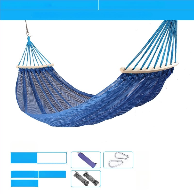 Kültéri, légáteresztő hálós függőágy kempingezéshez, tartóelem nélkül; felületi anyag: pamut/nylon zsinór.