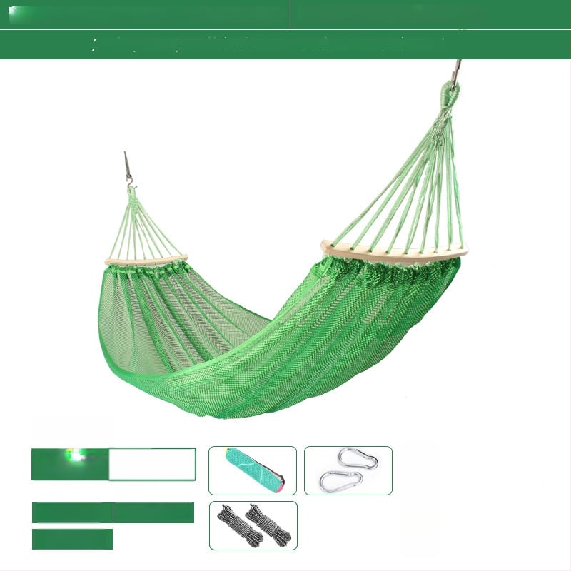 Kültéri, légáteresztő hálós függőágy kempingezéshez, tartóelem nélkül; felületi anyag: pamut/nylon zsinór.