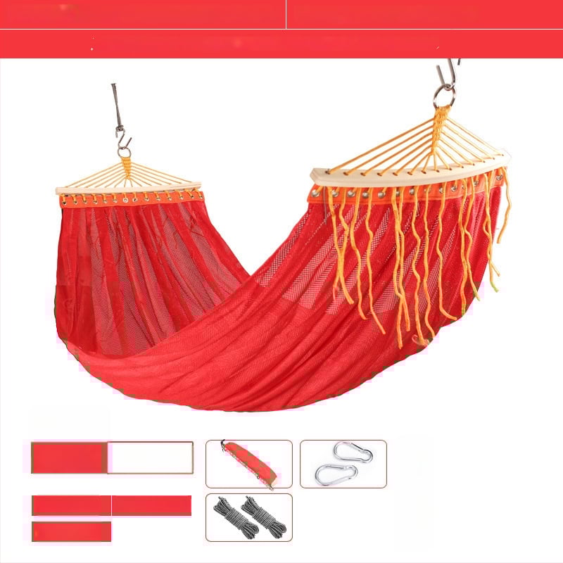 Kültéri, légáteresztő hálós függőágy kempingezéshez, tartóelem nélkül; felületi anyag: pamut/nylon zsinór.