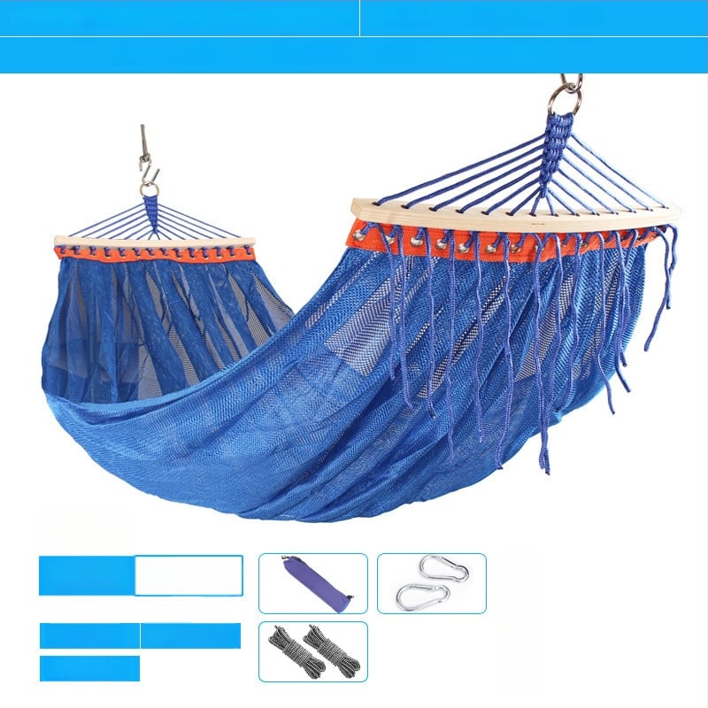 Kültéri, légáteresztő hálós függőágy kempingezéshez, tartóelem nélkül; felületi anyag: pamut/nylon zsinór.