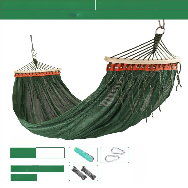 Kültéri, légáteresztő hálós függőágy kempingezéshez, tartóelem nélkül; felületi anyag: pamut/nylon zsinór.