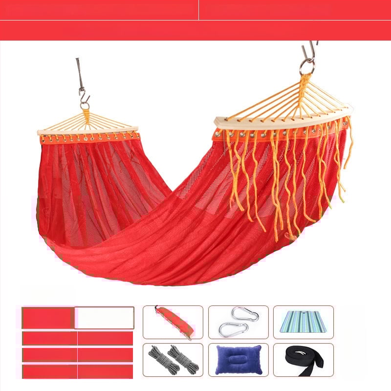 Kültéri, légáteresztő hálós függőágy kempingezéshez, tartóelem nélkül; felületi anyag: pamut/nylon zsinór.