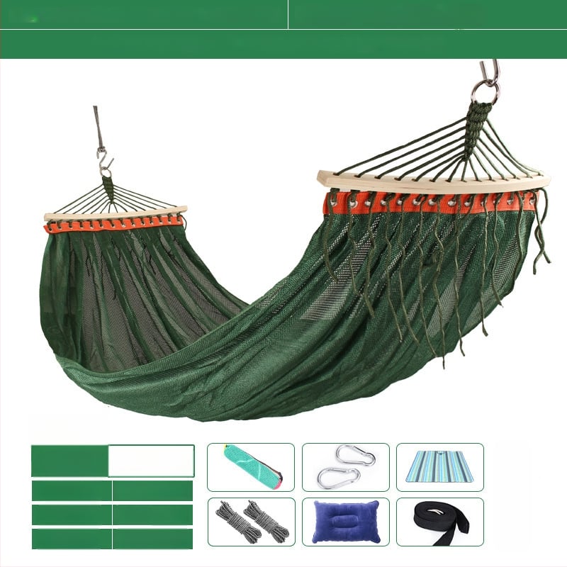 Kültéri, légáteresztő hálós függőágy kempingezéshez, tartóelem nélkül; felületi anyag: pamut/nylon zsinór.