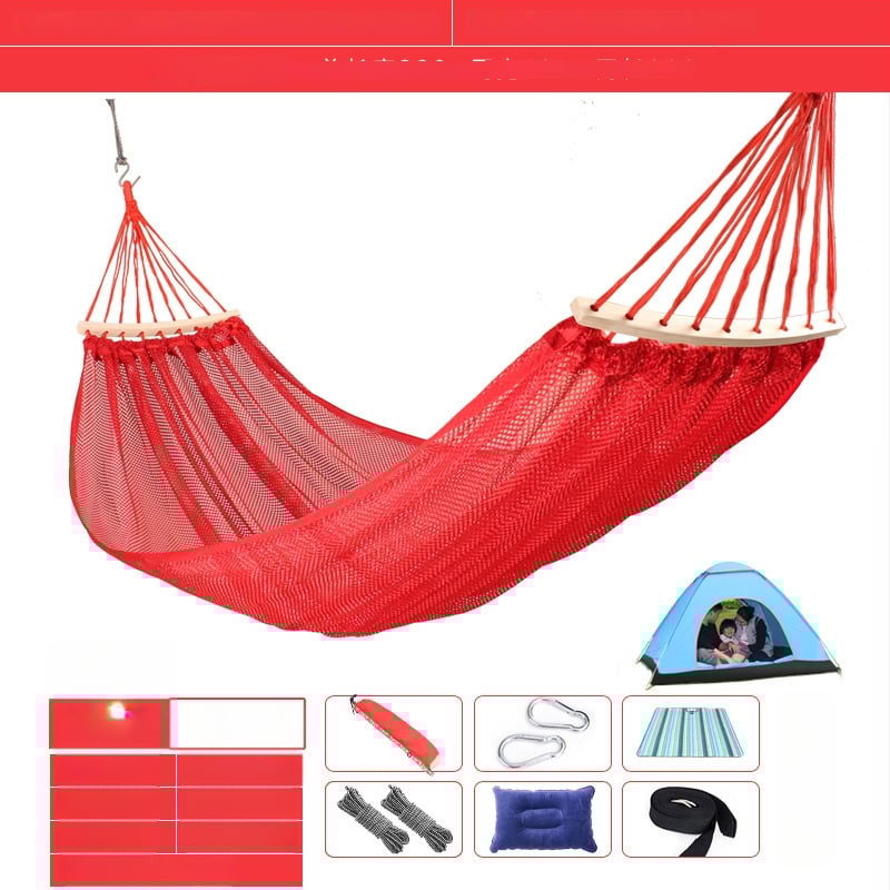 Kültéri, légáteresztő hálós függőágy kempingezéshez, tartóelem nélkül; felületi anyag: pamut/nylon zsinór.