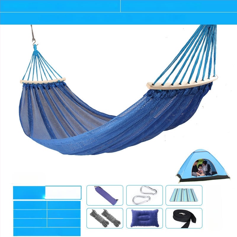 Kültéri, légáteresztő hálós függőágy kempingezéshez, tartóelem nélkül; felületi anyag: pamut/nylon zsinór.