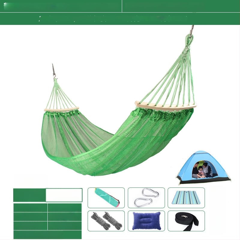 Kültéri, légáteresztő hálós függőágy kempingezéshez, tartóelem nélkül; felületi anyag: pamut/nylon zsinór.