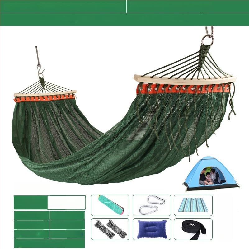 Kültéri, légáteresztő hálós függőágy kempingezéshez, tartóelem nélkül; felületi anyag: pamut/nylon zsinór.