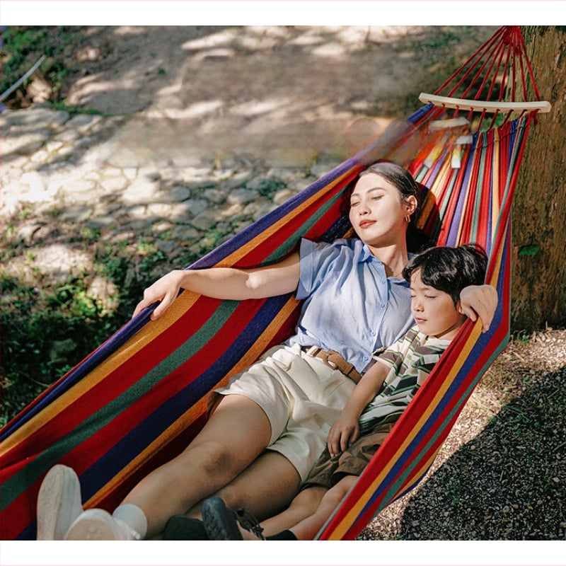 Oldalsó védőrúddal ellátott függőágy; felnőttek és gyerekek számára; vászon anyag; teherbírás 250 kg; vastagított kötéllel