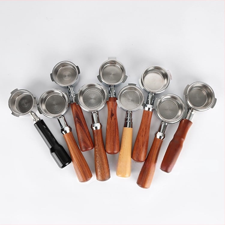 Λαβή πορτοφίλτερ χωρίς κάτω για κεφαλή E61, ανοξείδωτο ατσάλι με ξύλινο κράτημα, συμβατή με Delong, Platinum Rich και Aibao