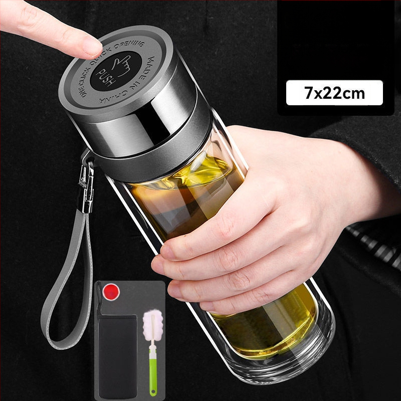 Κούπα τσαγιού από διπλό στρώμα γυαλιού μποροσίλικ για αυτοκίνητο, με αντι-κάψιμο μόνωση και καπάκι με ένα κλικ