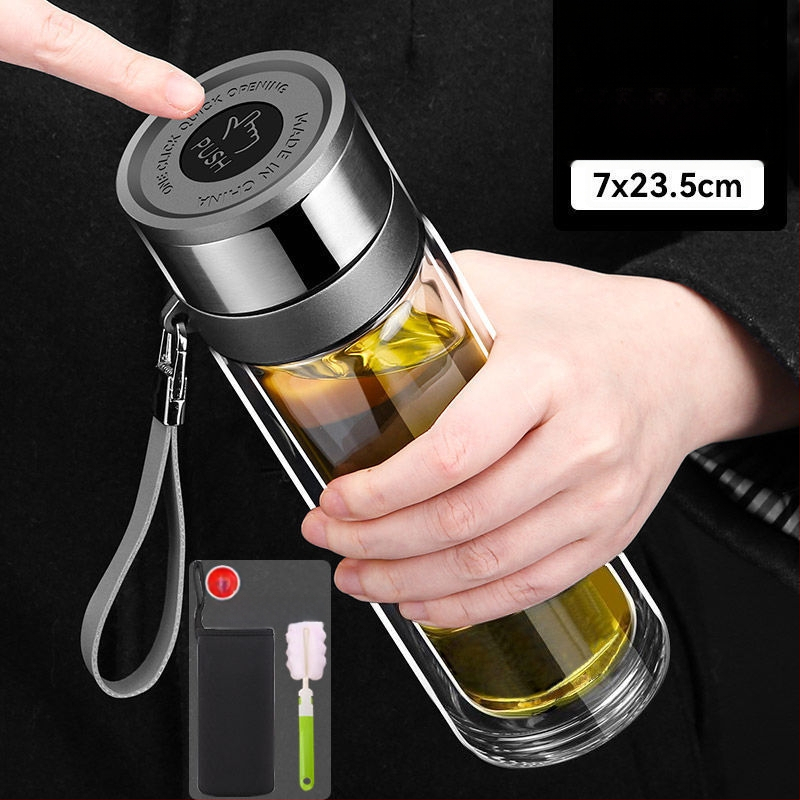 Κούπα τσαγιού από διπλό στρώμα γυαλιού μποροσίλικ για αυτοκίνητο, με αντι-κάψιμο μόνωση και καπάκι με ένα κλικ