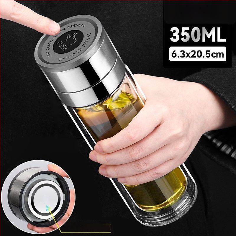 Κούπα τσαγιού από διπλό στρώμα γυαλιού μποροσίλικ για αυτοκίνητο, με αντι-κάψιμο μόνωση και καπάκι με ένα κλικ