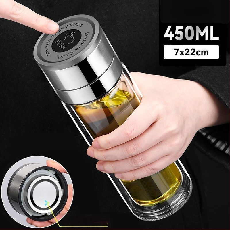 Κούπα τσαγιού από διπλό στρώμα γυαλιού μποροσίλικ για αυτοκίνητο, με αντι-κάψιμο μόνωση και καπάκι με ένα κλικ