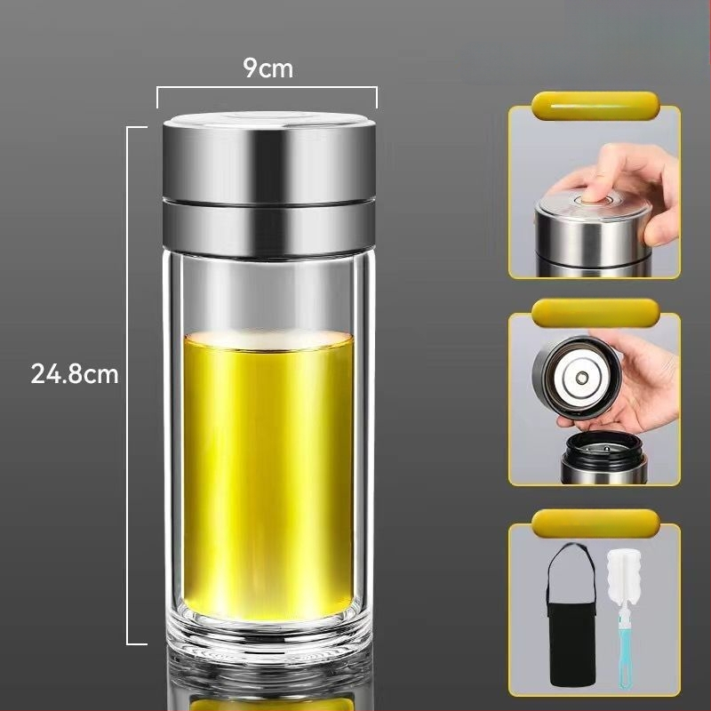 Κούπα τσαγιού από διπλό στρώμα γυαλιού μποροσίλικ για αυτοκίνητο, με αντι-κάψιμο μόνωση και καπάκι με ένα κλικ