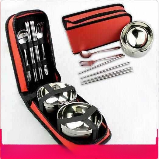 Rozsdamentes acél piknik készlet: összecsukható tál, kanál és evőpálcikák, ebédes doboz — hordozható utazó evőeszköz-készlet (modell 985)