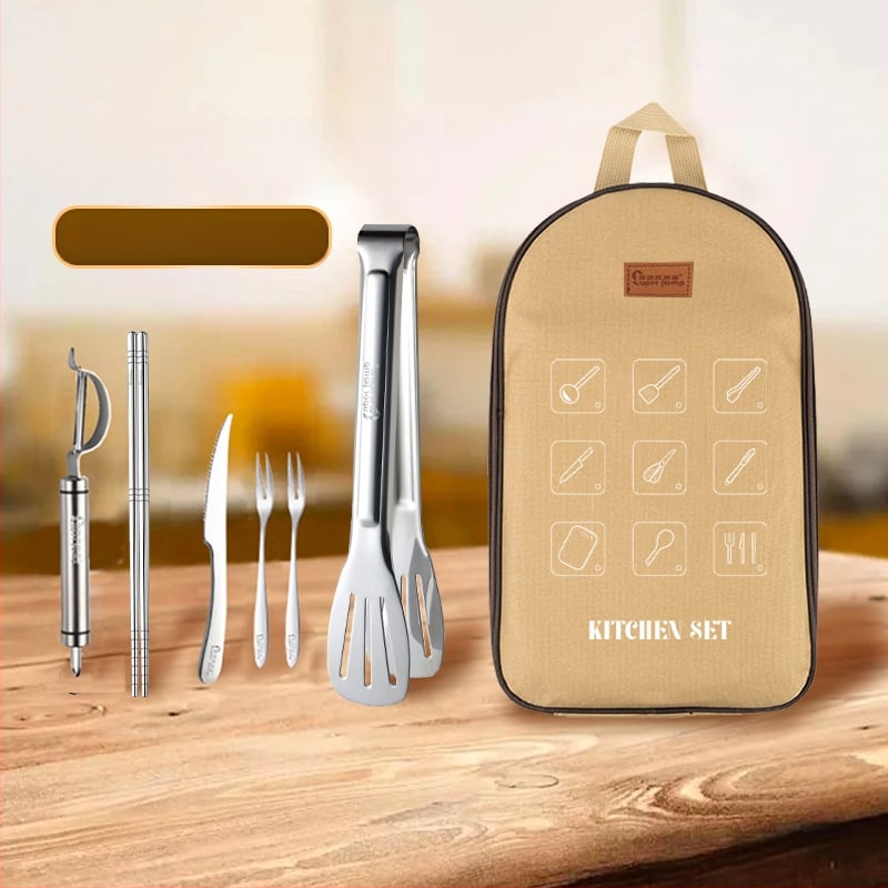 Kültéri rozsdamentes acél konyhai készlet – hordozható, 8–16 darab, kempingezéshez, autóval utazáshoz, piknikhez és BBQ-hoz, tároló táskával
