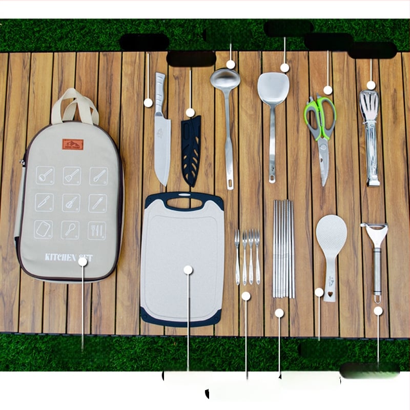 Kültéri rozsdamentes acél konyhai készlet – hordozható, 8–16 darab, kempingezéshez, autóval utazáshoz, piknikhez és BBQ-hoz, tároló táskával