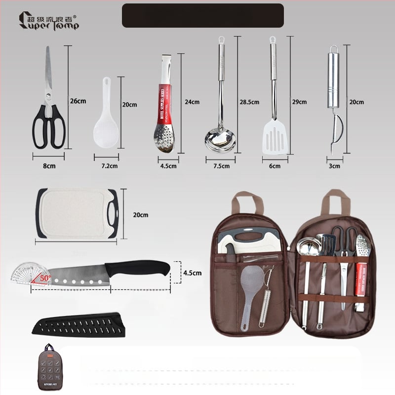 Kültéri rozsdamentes acél konyhai készlet – hordozható, 8–16 darab, kempingezéshez, autóval utazáshoz, piknikhez és BBQ-hoz, tároló táskával