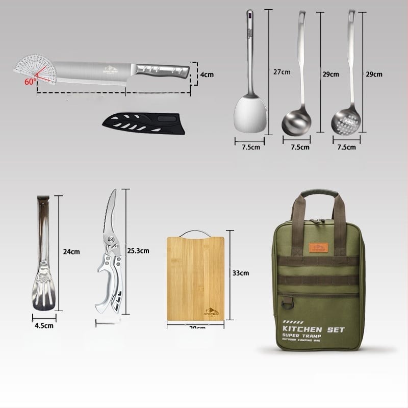 Kültéri rozsdamentes acél konyhai készlet – hordozható, 8–16 darab, kempingezéshez, autóval utazáshoz, piknikhez és BBQ-hoz, tároló táskával
