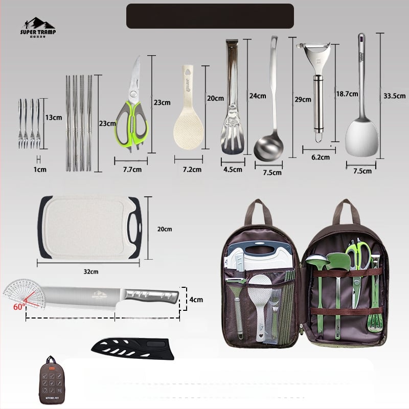 Kültéri rozsdamentes acél konyhai készlet – hordozható, 8–16 darab, kempingezéshez, autóval utazáshoz, piknikhez és BBQ-hoz, tároló táskával