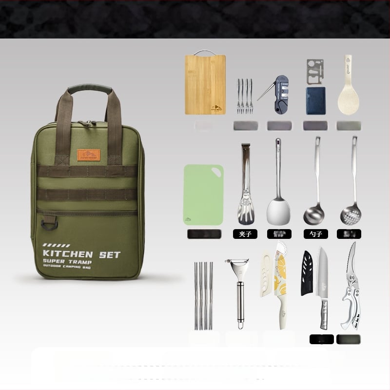 Kültéri rozsdamentes acél konyhai készlet – hordozható, 8–16 darab, kempingezéshez, autóval utazáshoz, piknikhez és BBQ-hoz, tároló táskával