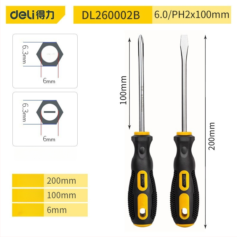 Deli DL260002B set od 2 odvijača s magnetskim vrhovima, križni i ravni, za kućnu upotrebu