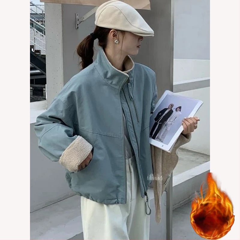 Kratka parka s flešom od ovčje vune za sitnije žene, zima 2026, korejski stil casual ležernog kroja, kratka pamuk jakna
