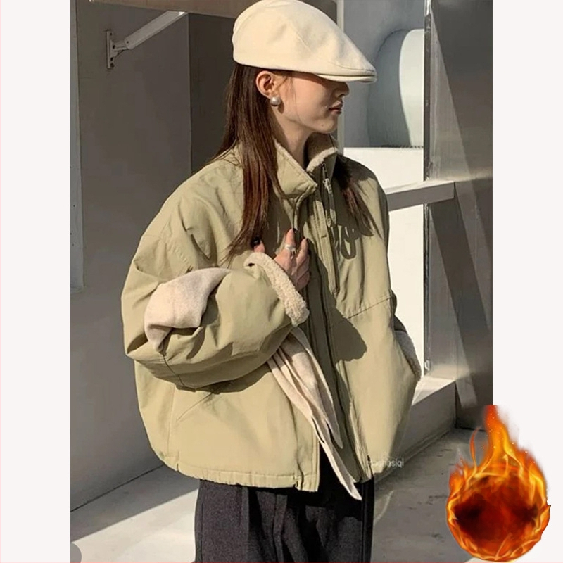 Kratka parka s flešom od ovčje vune za sitnije žene, zima 2026, korejski stil casual ležernog kroja, kratka pamuk jakna