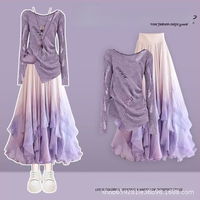 Jesenski dvodjelni set: elegantan top s prorezima i gradientna midi suknja