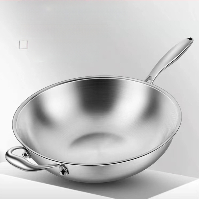 316 rozsdamentes acélból készült wok, kör alakú alj, konkáv, indukciós főzőlaphoz, élelmiszer-minőségű, vastagodott, bevonat nélküli, gőzölővel