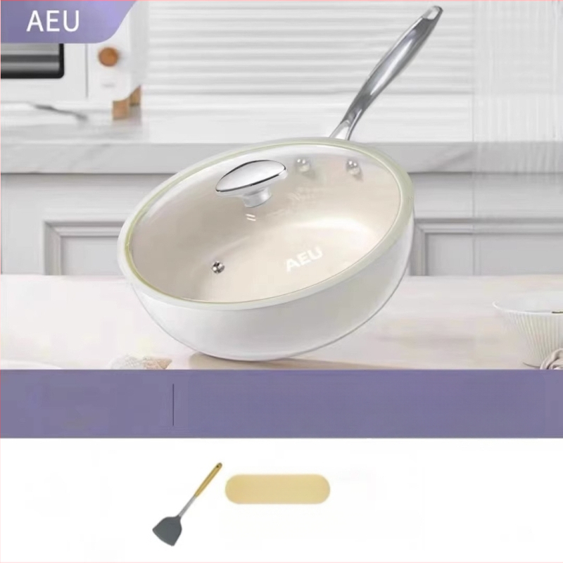 AEU wok s teksturom kamena i porcelinskim omotom, mala bijela ravna non-stick tava za kućnu pripremu hrane, pogodna za plin i indukciju