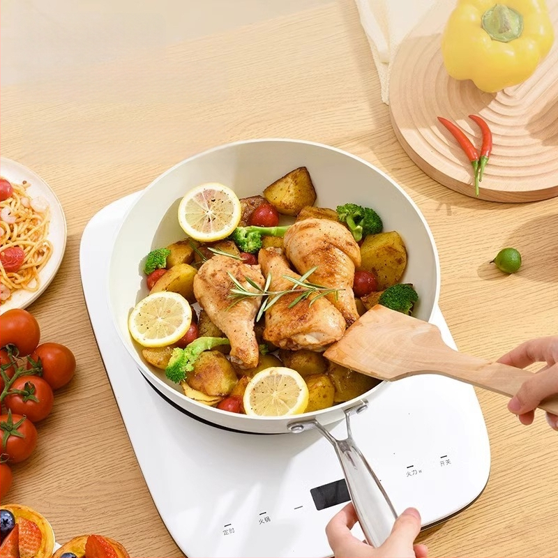 AEU wok s teksturom kamena i porcelinskim omotom, mala bijela ravna non-stick tava za kućnu pripremu hrane, pogodna za plin i indukciju