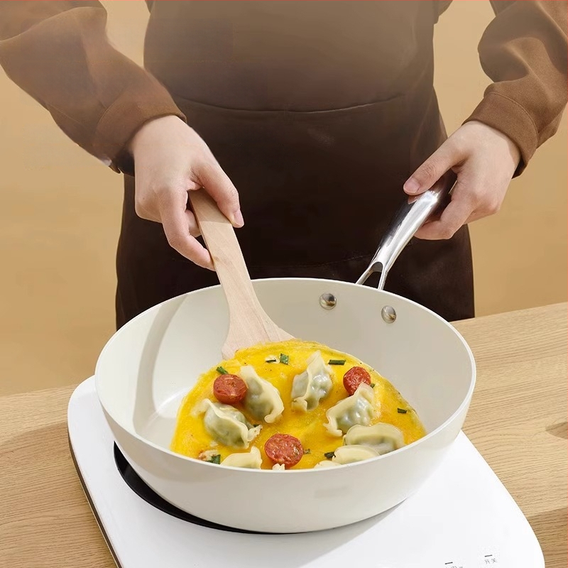 AEU wok s teksturom kamena i porcelinskim omotom, mala bijela ravna non-stick tava za kućnu pripremu hrane, pogodna za plin i indukciju