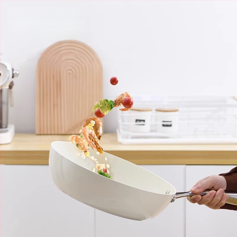AEU wok s teksturom kamena i porcelinskim omotom, mala bijela ravna non-stick tava za kućnu pripremu hrane, pogodna za plin i indukciju
