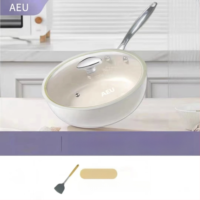 AEU wok s teksturom kamena i porcelinskim omotom, mala bijela ravna non-stick tava za kućnu pripremu hrane, pogodna za plin i indukciju
