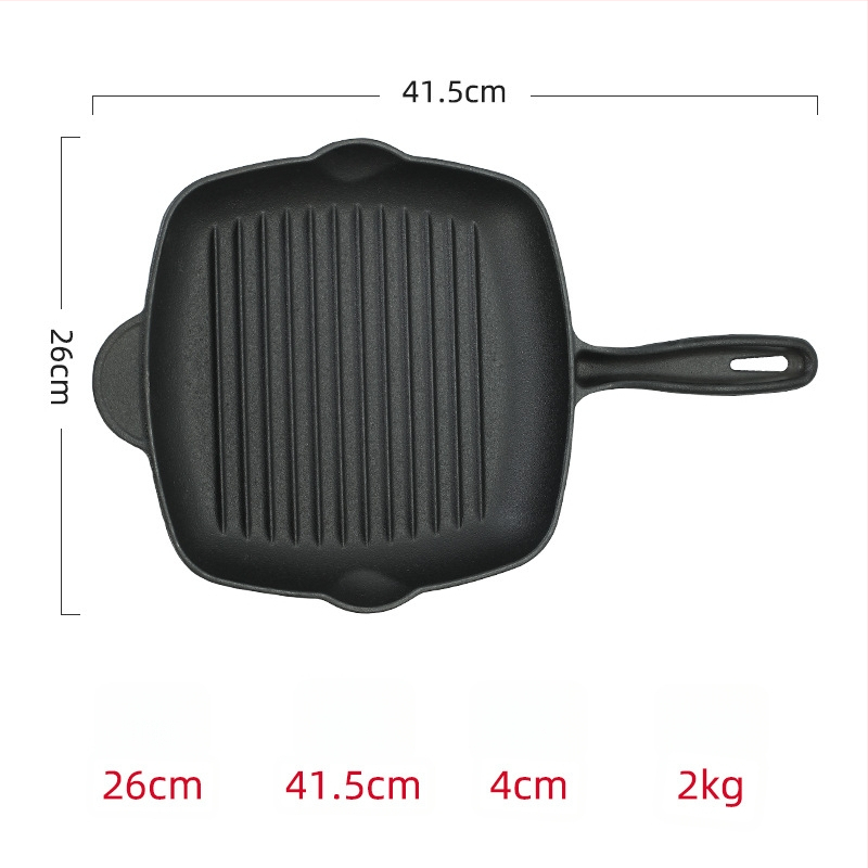 Litinijska četvrtasta tava za steak s prugastim uzorkom, debelo dno, pogodna za plin i indukcijske ploče
