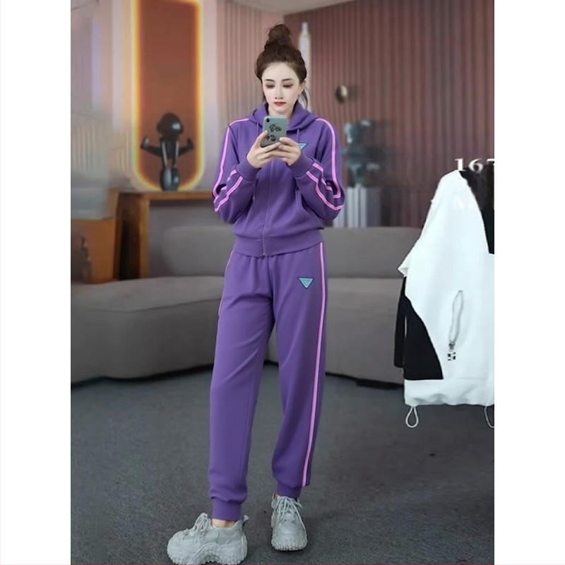 Ženski dvodjelni sportski set: hoodie s kapuljačom i zipom u blok bojama te udobne hlače, za proljeće i jesen – minimalistički stil