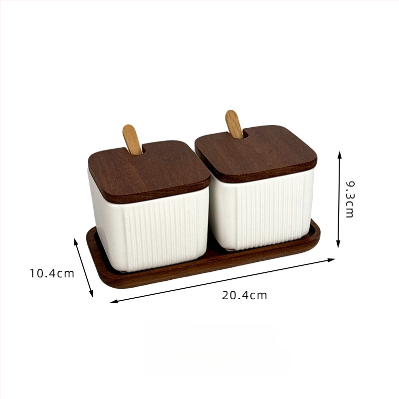 Set ceramic pentru condimente, uz casnic — stil light luxury, design pătrate cu dungi verticale, borcan de sare, imprimare logo și personalizare