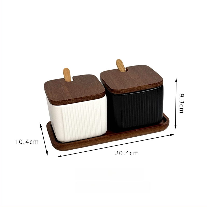 Set ceramic pentru condimente, uz casnic — stil light luxury, design pătrate cu dungi verticale, borcan de sare, imprimare logo și personalizare