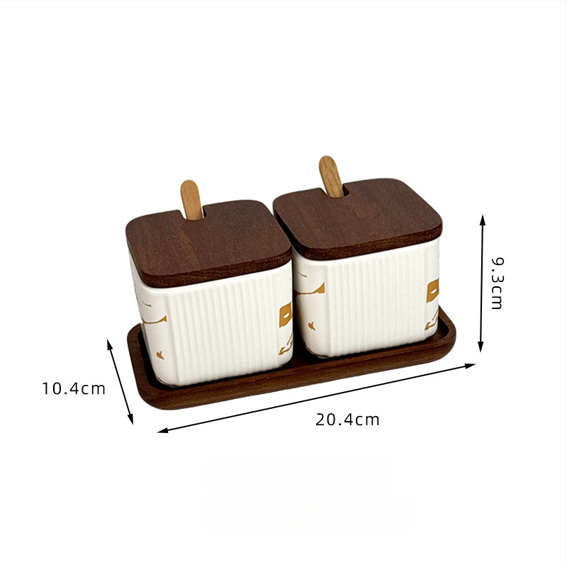 Set ceramic pentru condimente, uz casnic — stil light luxury, design pătrate cu dungi verticale, borcan de sare, imprimare logo și personalizare