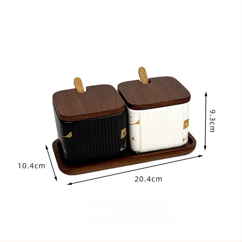 Set ceramic pentru condimente, uz casnic — stil light luxury, design pătrate cu dungi verticale, borcan de sare, imprimare logo și personalizare