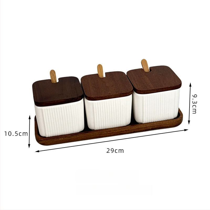 Set ceramic pentru condimente, uz casnic — stil light luxury, design pătrate cu dungi verticale, borcan de sare, imprimare logo și personalizare