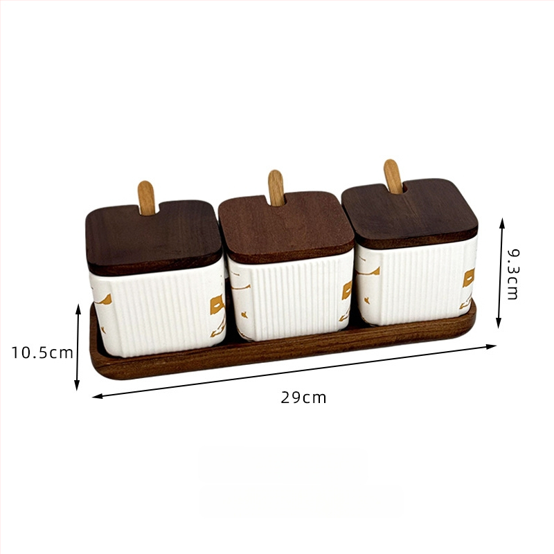 Set ceramic pentru condimente, uz casnic — stil light luxury, design pătrate cu dungi verticale, borcan de sare, imprimare logo și personalizare